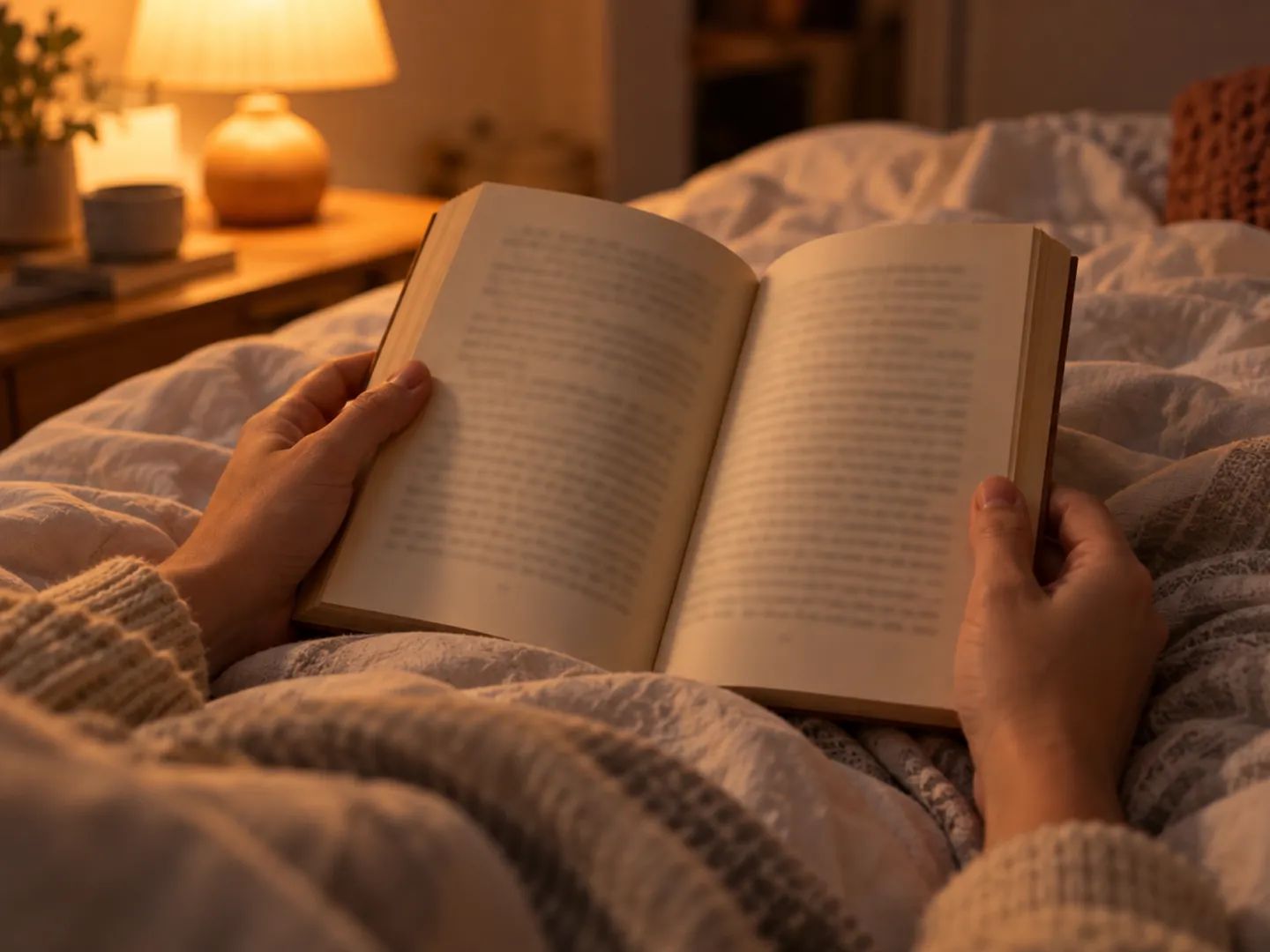 Hands holding an open paperback book in bed, lit by a warm low bedside lamp