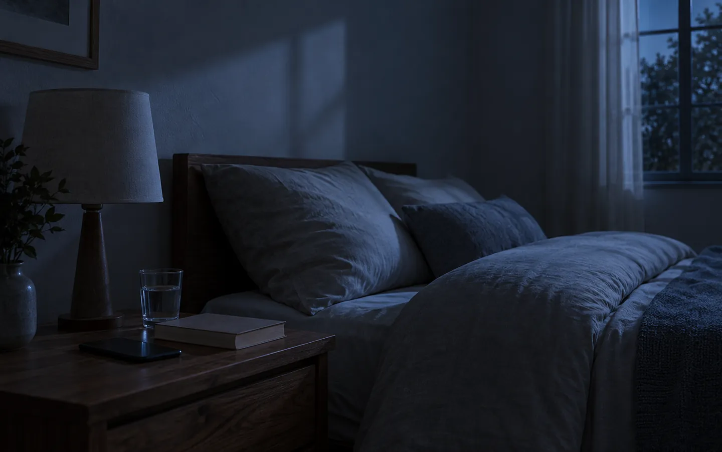 A bedside table at night with a phone lying face down beside a paperback book, a glass of water and a switched-off lamp in soft moonlight